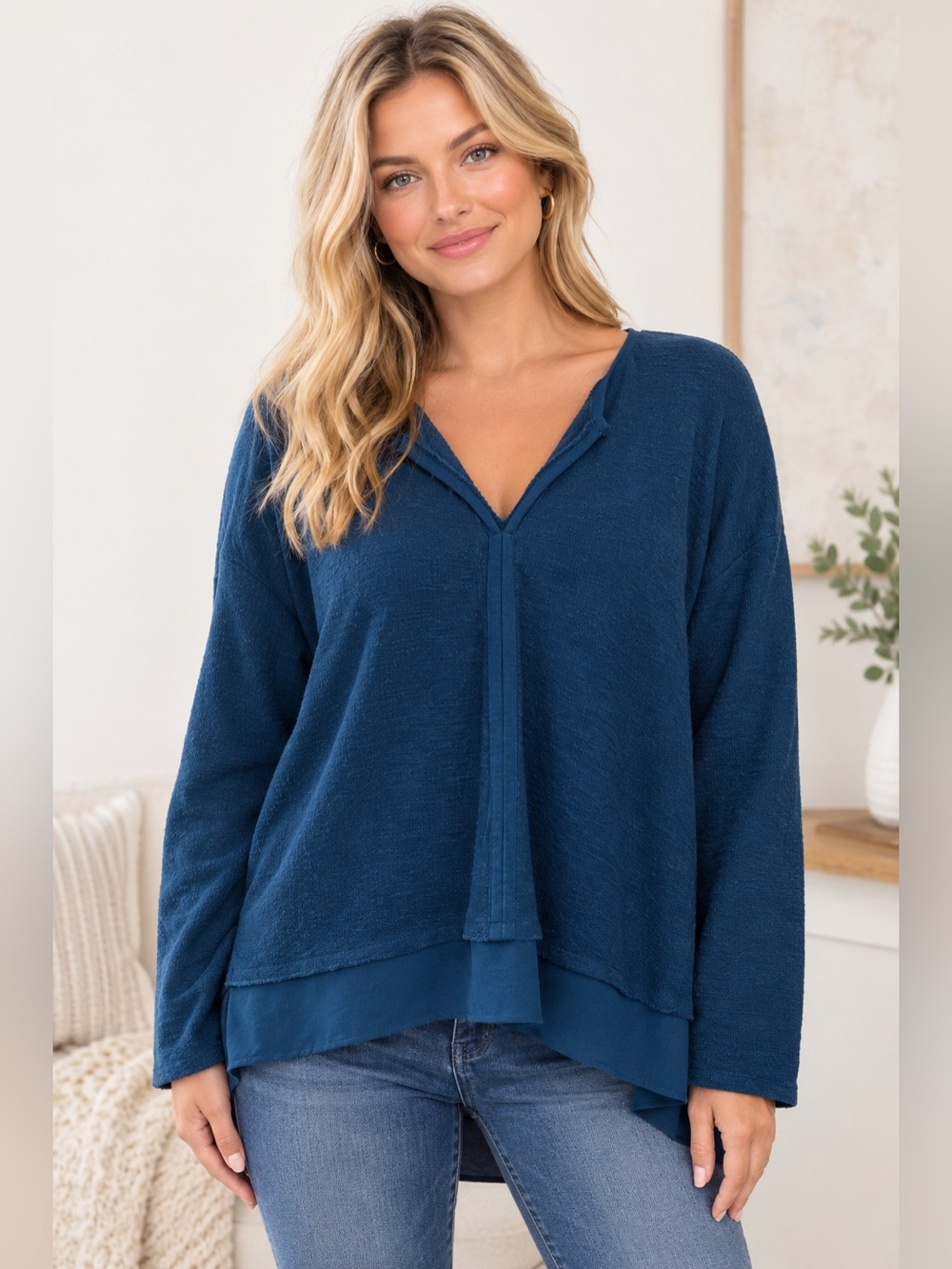 Sanctuary Hanna Top Deep Teal Blue Long Sleeve Split Neck Top Size XL
